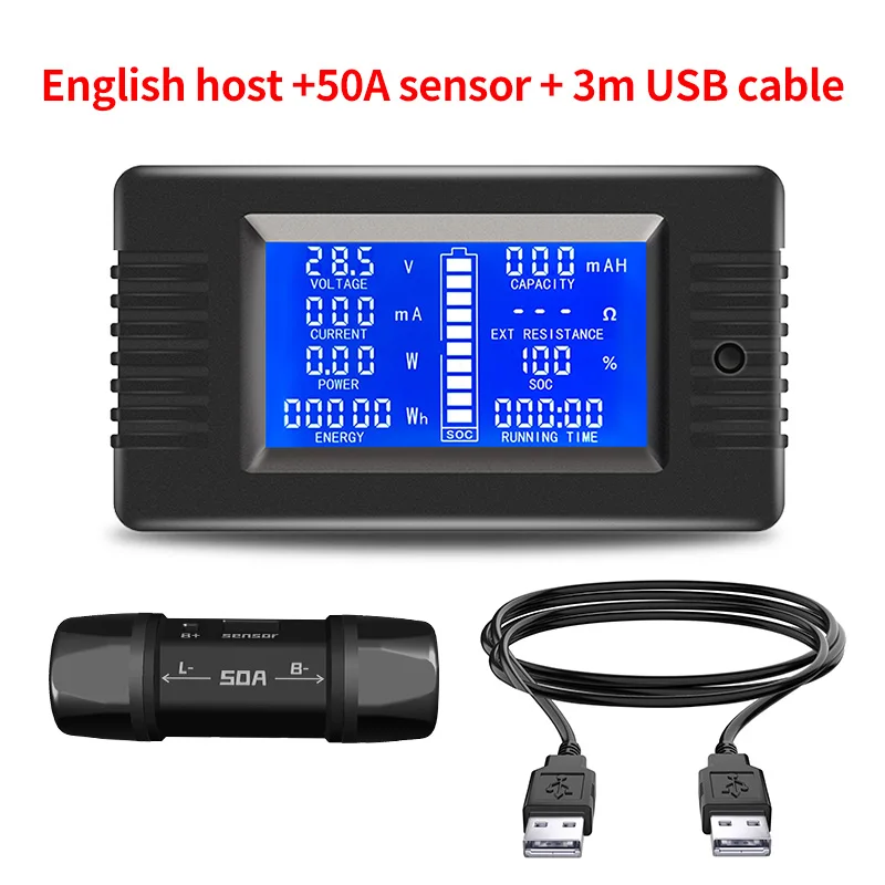 

Peacefair 0-200V 50A 3m USB 9 in 1 DC LCD Display Digital Multimeter Battery Monitor Power Energy Impedance Voltmeter Wattmeter