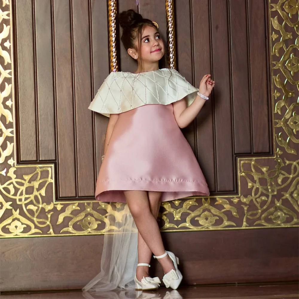 Luxo beading elegante clássico princesa vestido da menina de flor manga curta mini comprimento formal primeira comunhão vestido personalizado 2025