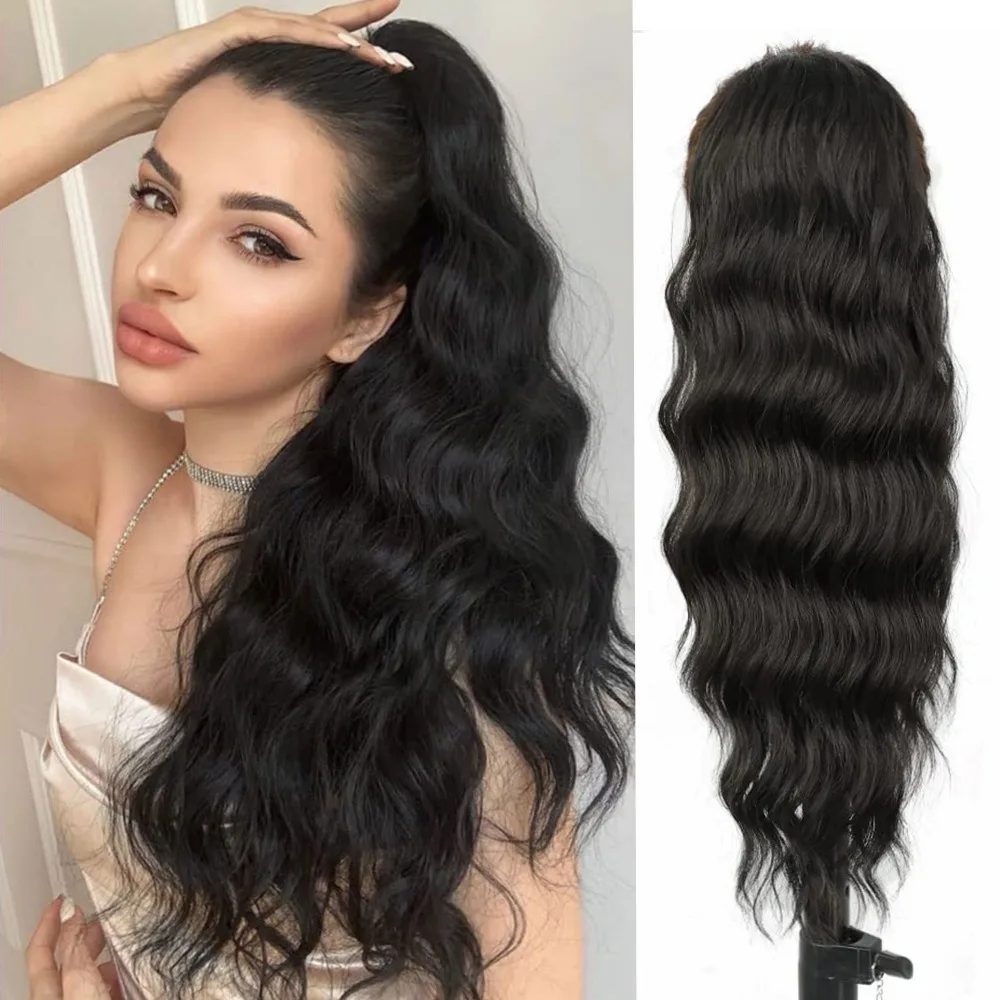 Extensión de cabello sintético resistente al calor para mujer, coleta con cordón, envoltura, rizado, ondulado, largo, cuerpo, postizos, 22 pulgadas