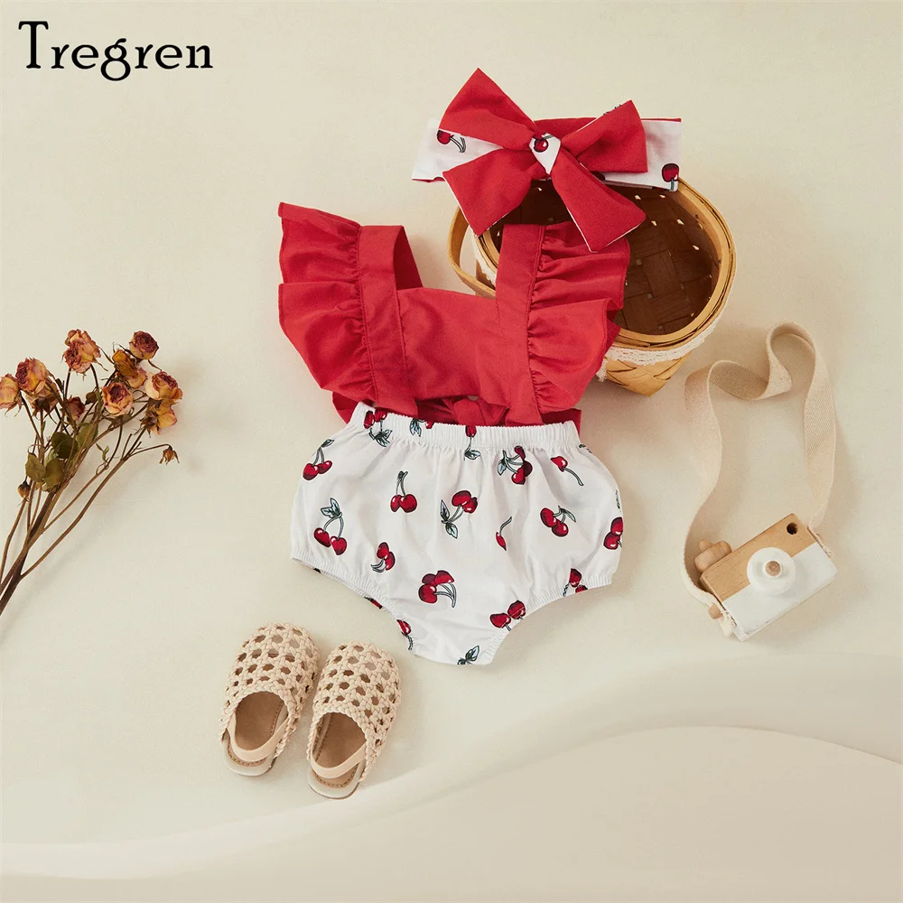 Tregren Infant Baby Girl Romper Ruffle Fly Sleeve Backless Cherry Romper Headband 2pcs Clothes Sets Summer Clothing for 0-18M