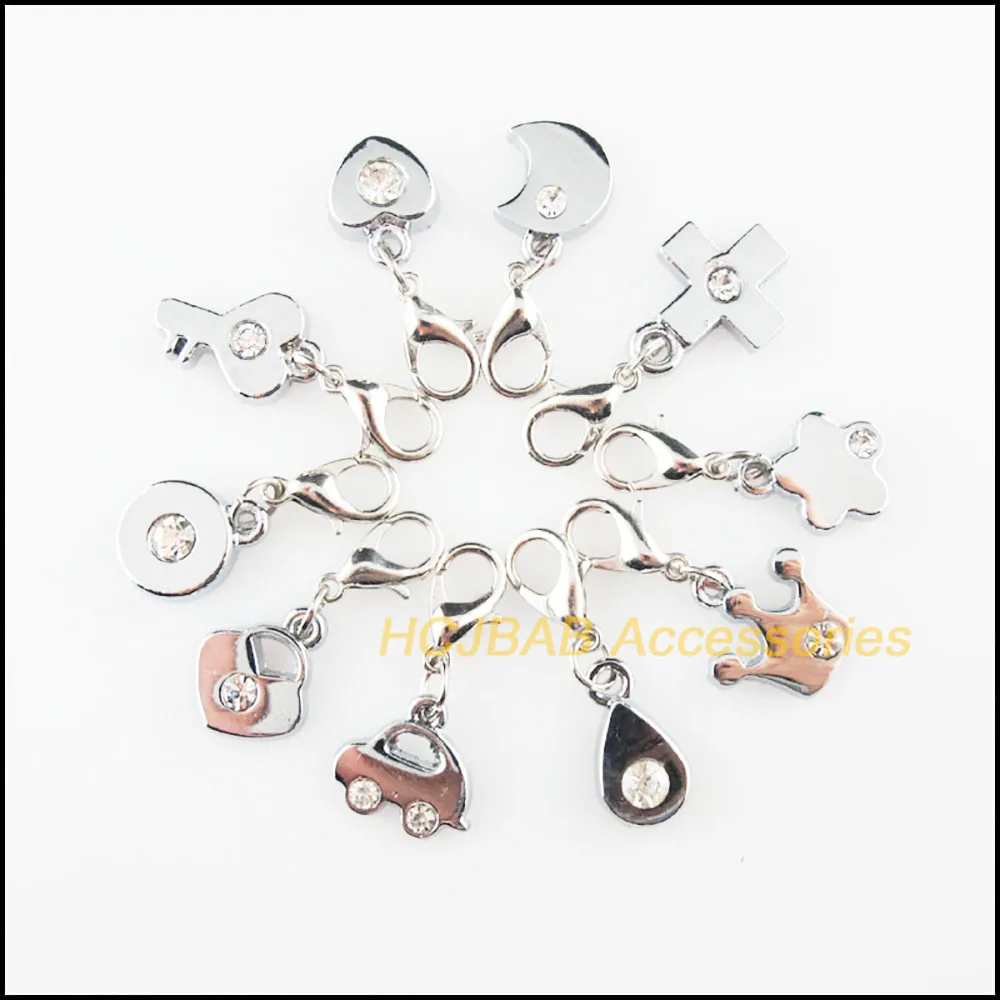 10Pcs Retro Tibetan Silver Plated Heart Cross Star Crown Teardrop Moon Charms Pendants With Lobster Claw Clasps