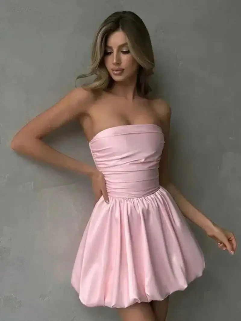 فستان قصير مثير بلوزات غير مغطية للكتف بدون أكمام مطوي فساتين عالية الخصر للسيدات فساتين أنيقة للحفلات 2025 523A
