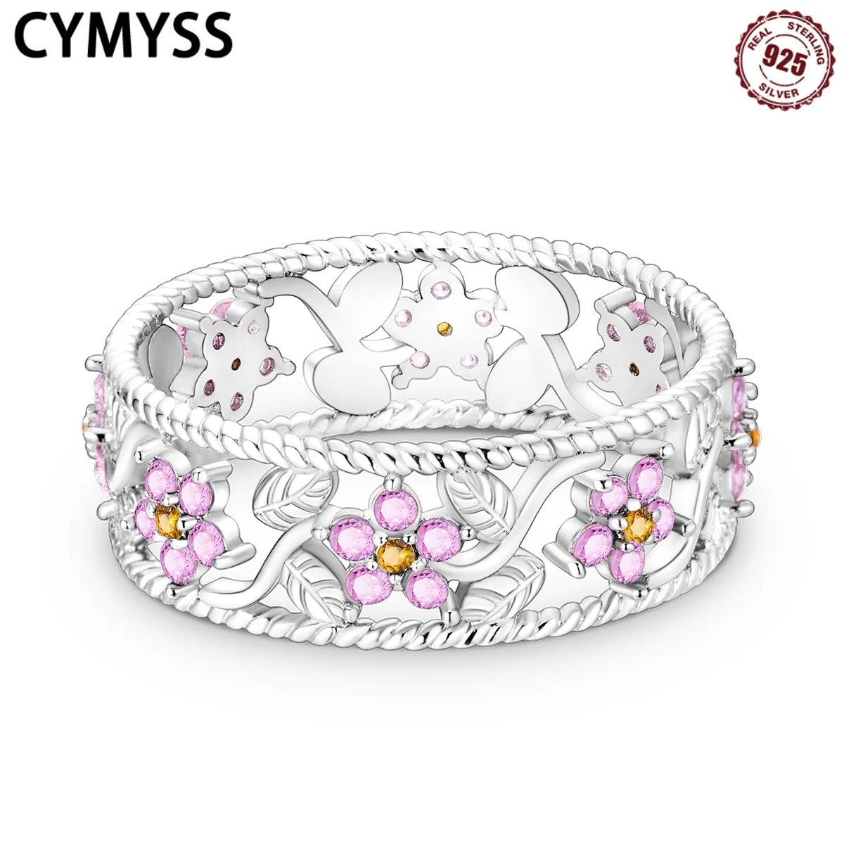 

CYMYSS 925 Sterling Silver Crabapple Flower Ring Jewelry women's Ring Animal And Plant Pink Original Closed Ring