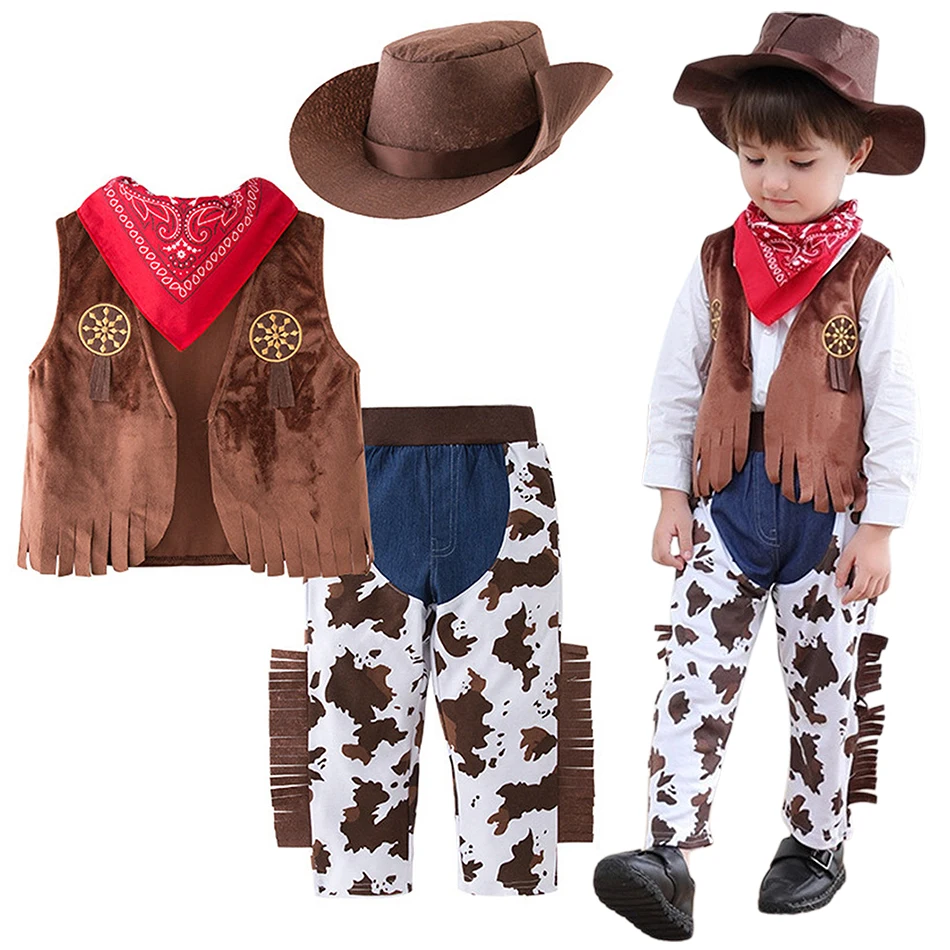 Boys Cowboy Role Play 4Pcs Outfits Kids Vest Pants Hat Performance Set Children Event Festival Halloween Party Stage Costumes