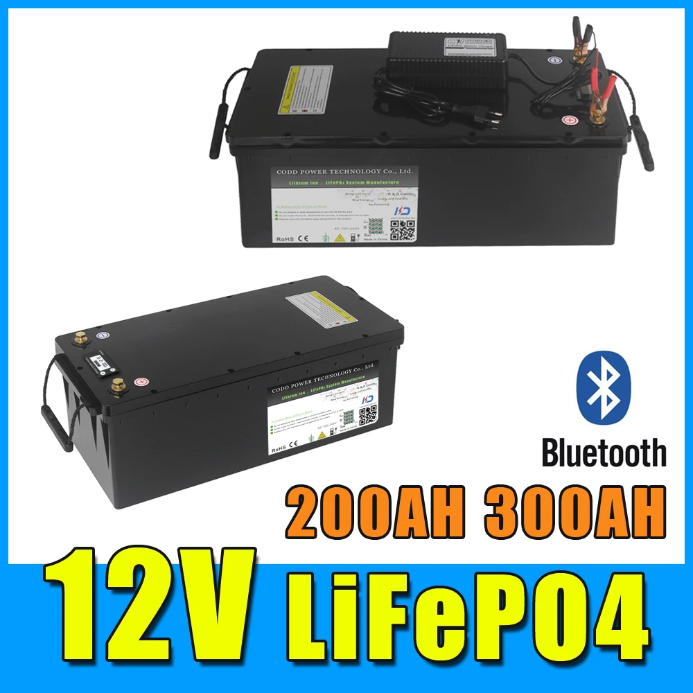 

12V 200AH 300AH LiFePO4 Battery with Bluetooth BMS 14.6V Charger Waterproof Case LCD Solar RV Storage Boat Yacht