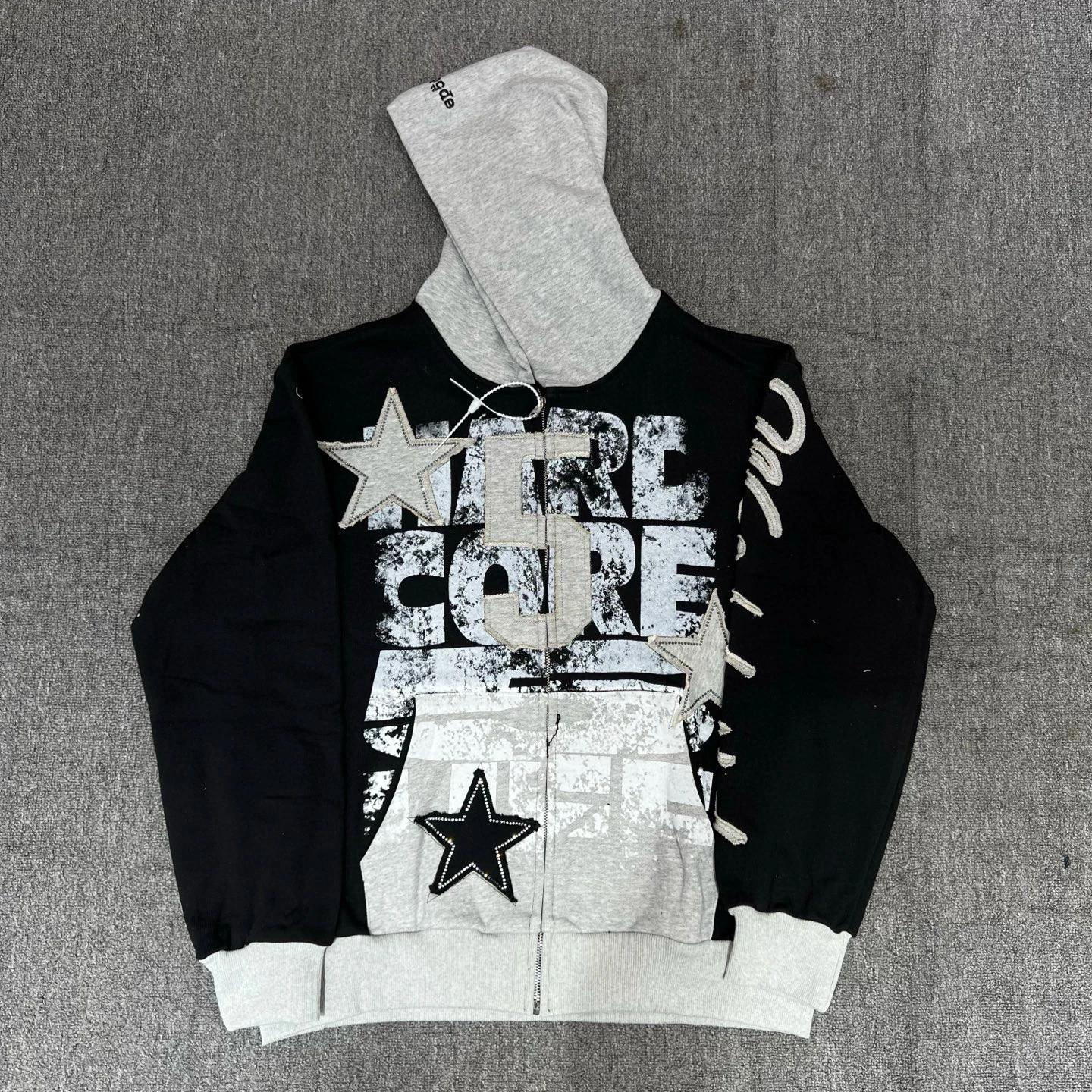 

Streetwear American Sle Embroidered Hoodie Cardigan with Rhinestones Casual Loose Fit Long Sve Zipper Closure ex