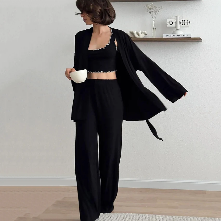 Hiloc Elegant Pink Knit Pajama 3 Piece Casual Long Sleeve Blouse Full-Length Pants With Crop Top Vest Autumn Casual Outfits 2025