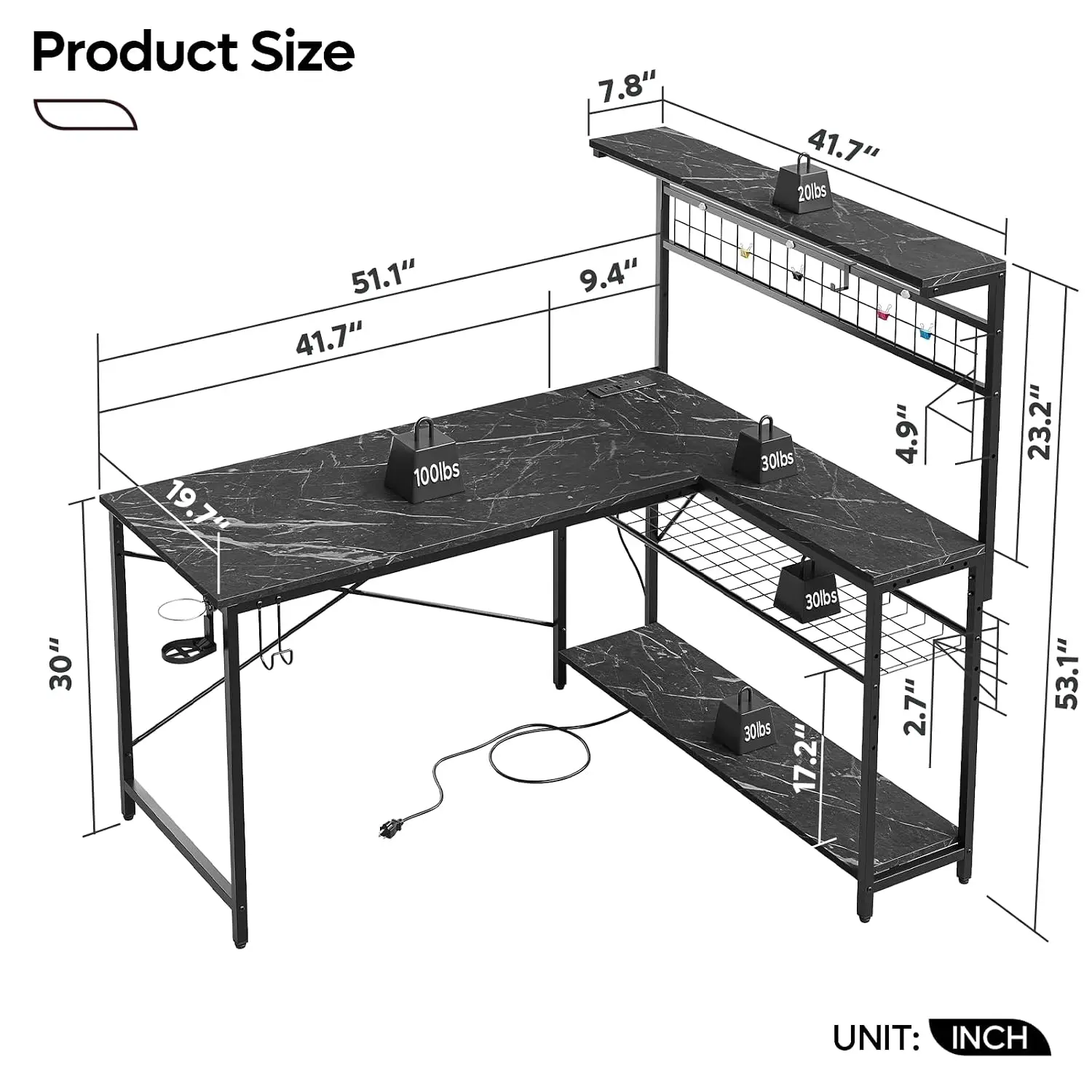 Corner Computer Desk with Power Outlets & LED Lights, Black Marble, Customized