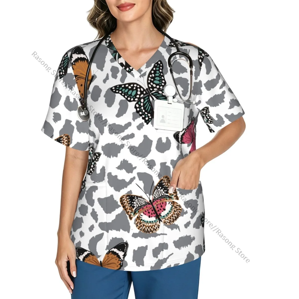 Women Scrubs Blouse Medical Nurse V-neck Clinical Scrubs Top Zebra Butterfly Operating Room Work T-shirt
