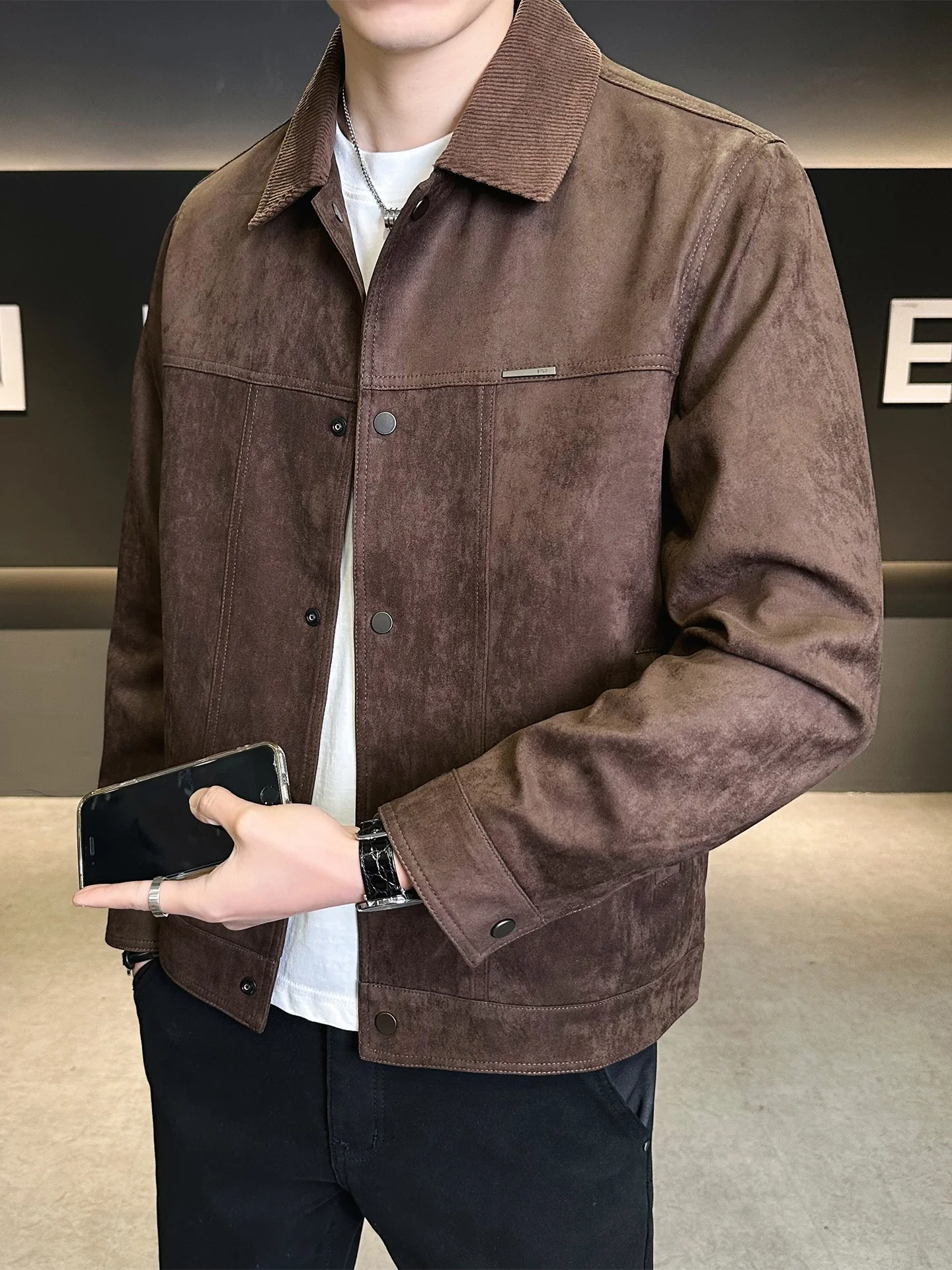 

Spring Jaet Men's Casual Sle Flip Collar Suede Vest Coat Comfortable Wear Resistant Polyester Fiber Long Sve Pure Color