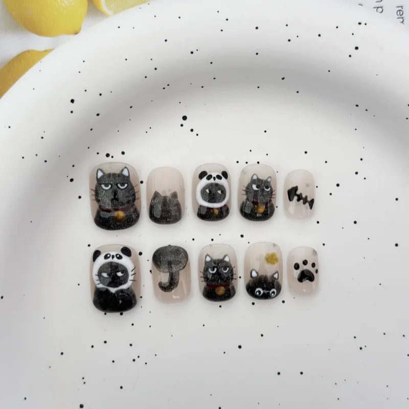 10 peças bonito dos desenhos animados infantil imprensa em unhas artesanal gato preto não feliz panda espinha de peixe garra de gato curto remendos de unhas falsas