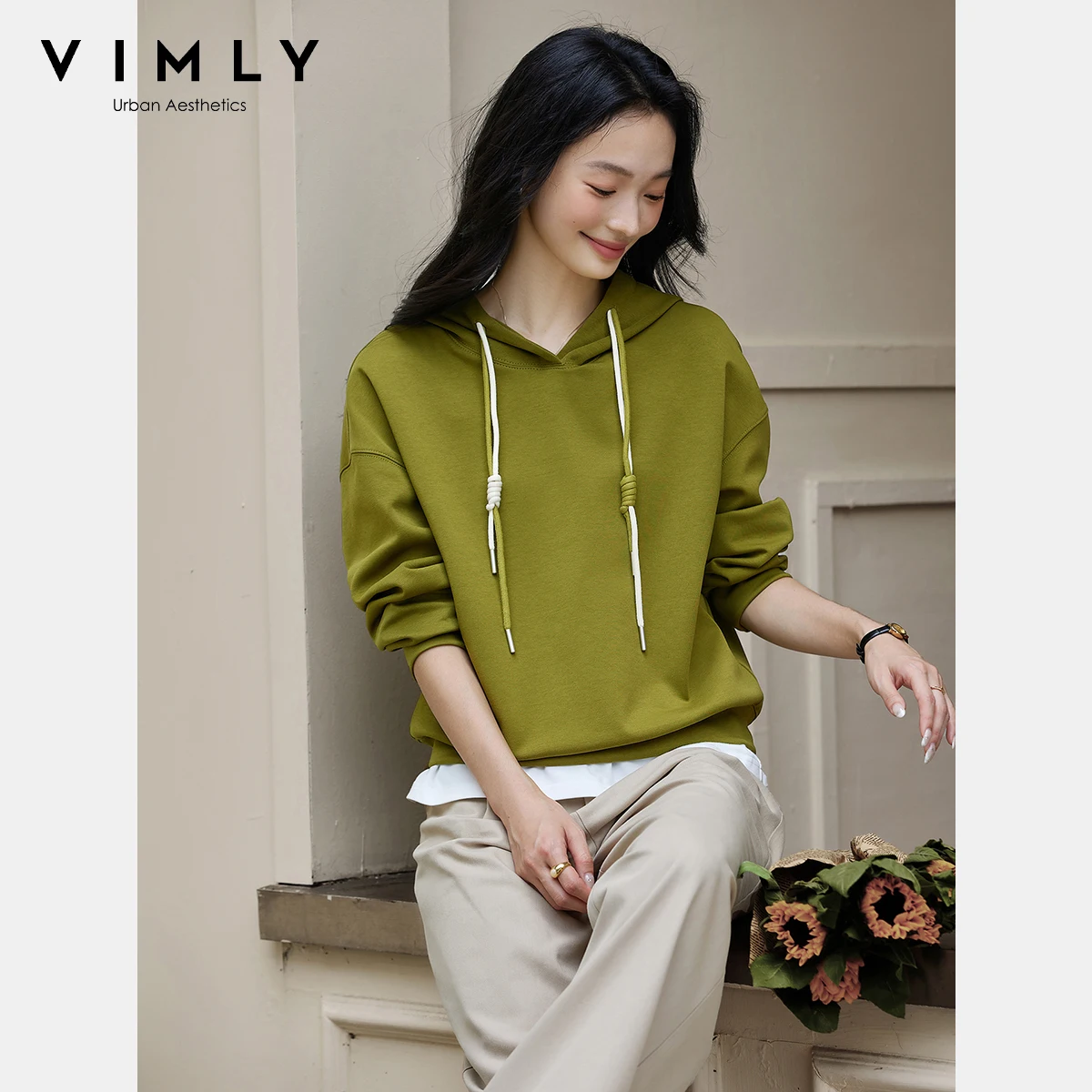 VIMLY Women Hoodies 2025 Autumn New Sports Hooded Sweatshirts Female Knitted Casual Long Sleeve draw string Ladies Tops A2075