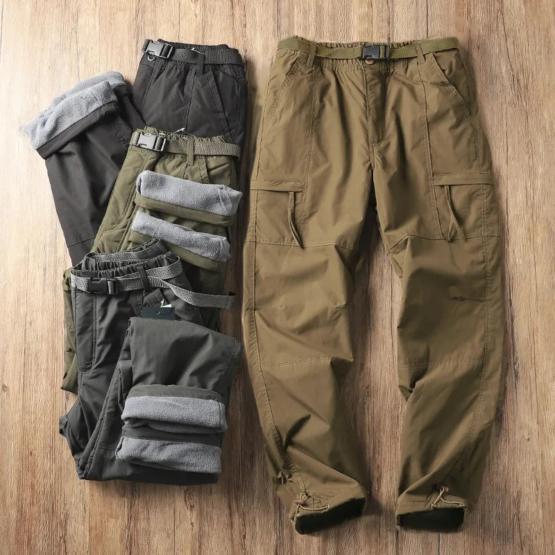 

Осенне-зимние мужские брюки-карго, прямые толстые флисовые ветрозащитные брюки, уличные однотонные спортивные штаны в простом стиле