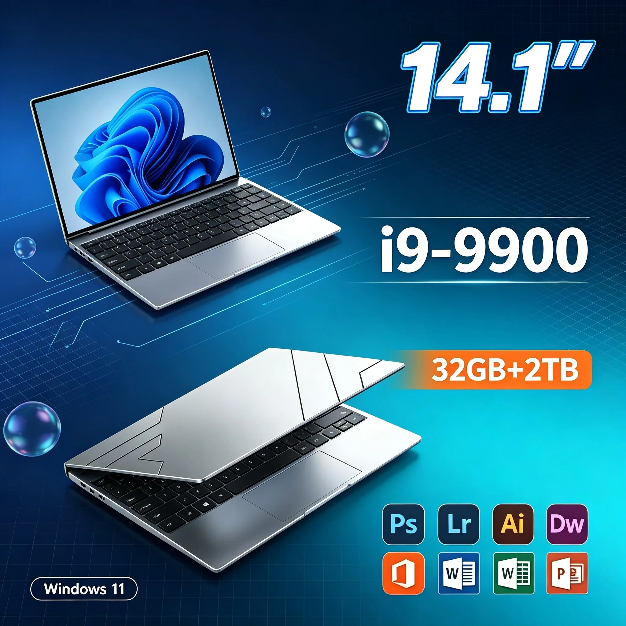14.1'' Portable Notebook PC Intel I9‑9900 32GB RAM 1TB‑2TB SSD Windows11 Lightweight Laptop Computer For Business Office Usage