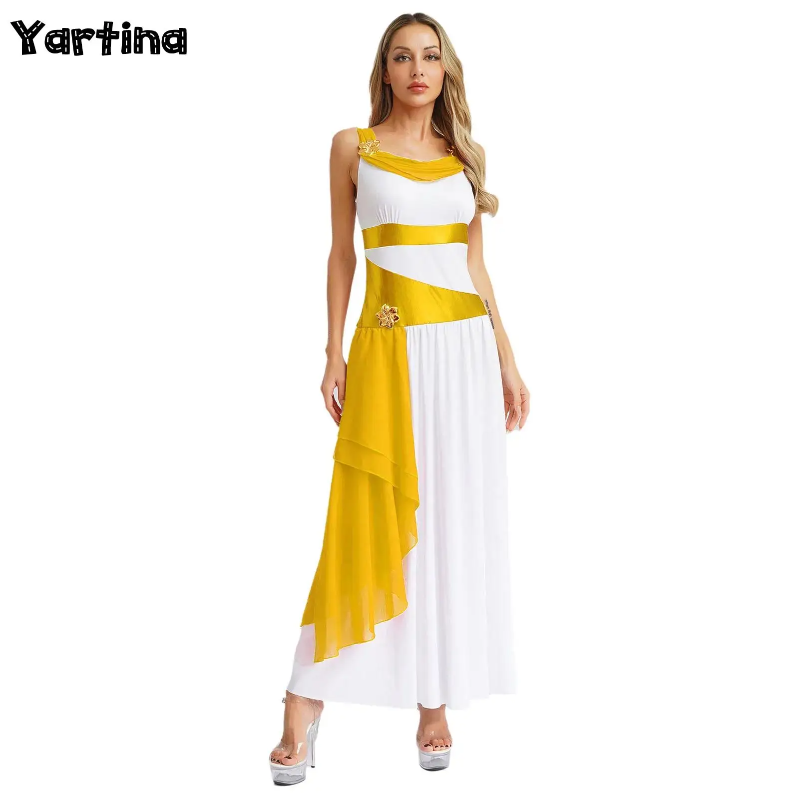 

Womens Halloween Ancient Grecian Queen Princess Cosplay Costume Themed Party Outfits Flower Spirit Church Classical Dance Dress