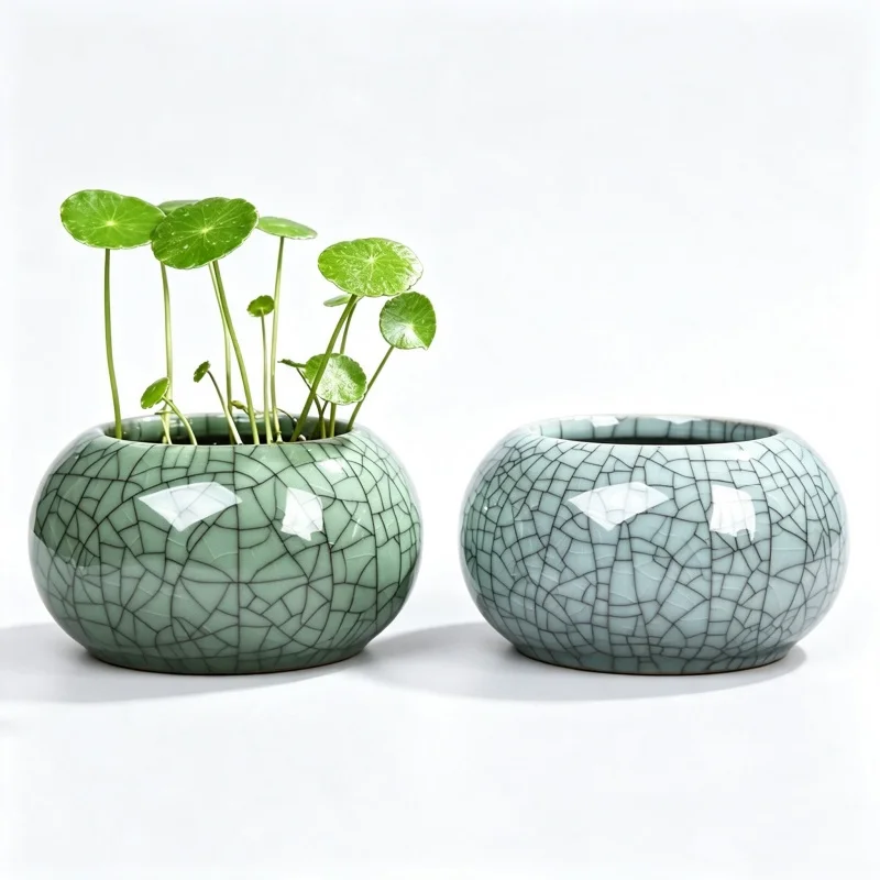 11cm Ceramic Flowerpot Ice-cracked Bowl Lotus Planter Mini Vase Glazed Bonsai Planting Pennywort Thou