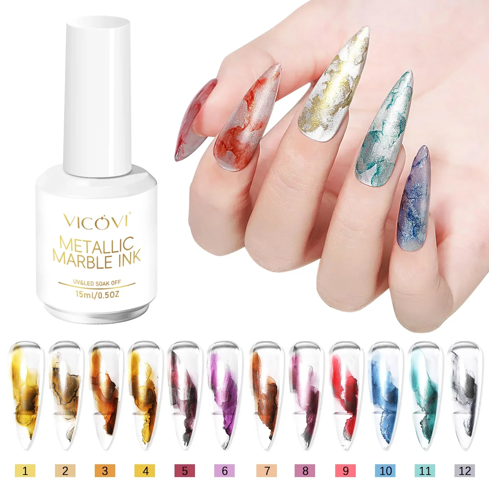 

12PCS 15ML Metal Silver Golden Purple Blooming Liquid Air Dry Nail Art Design Water Color Ink Smoke Effect Painting Nail Polish