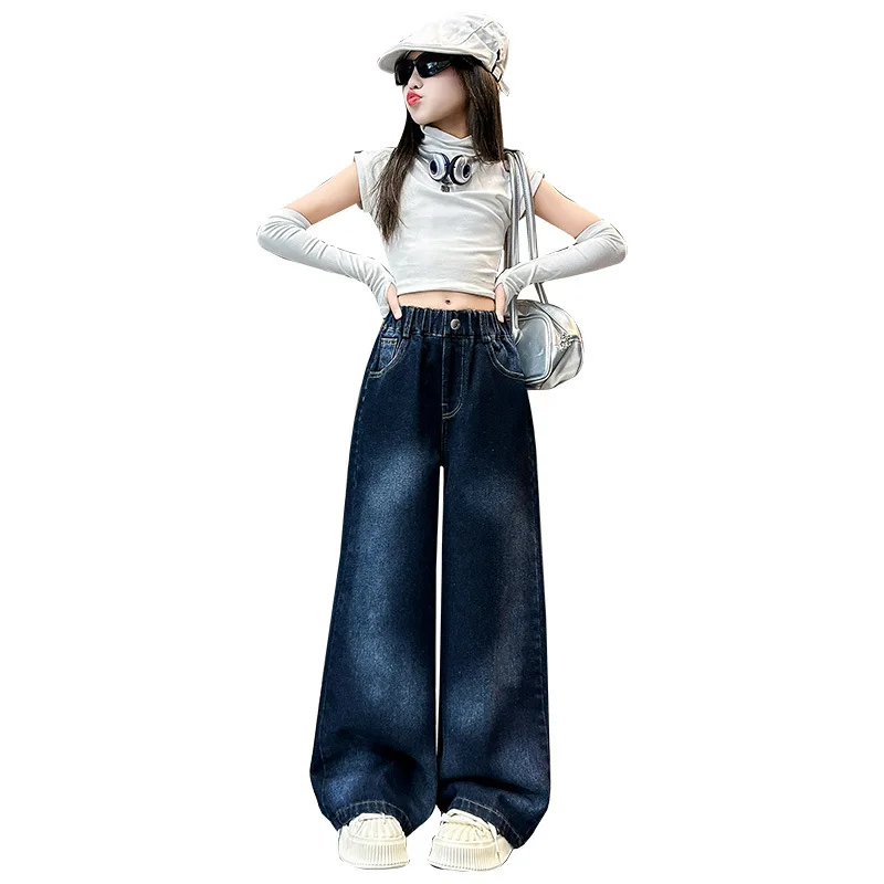 Teenage Girls Retro High Waisted Wide Leg Straight Jeans With Tie Dyed Design For Kids Baby New Causal Denim Pants Girl Trousers