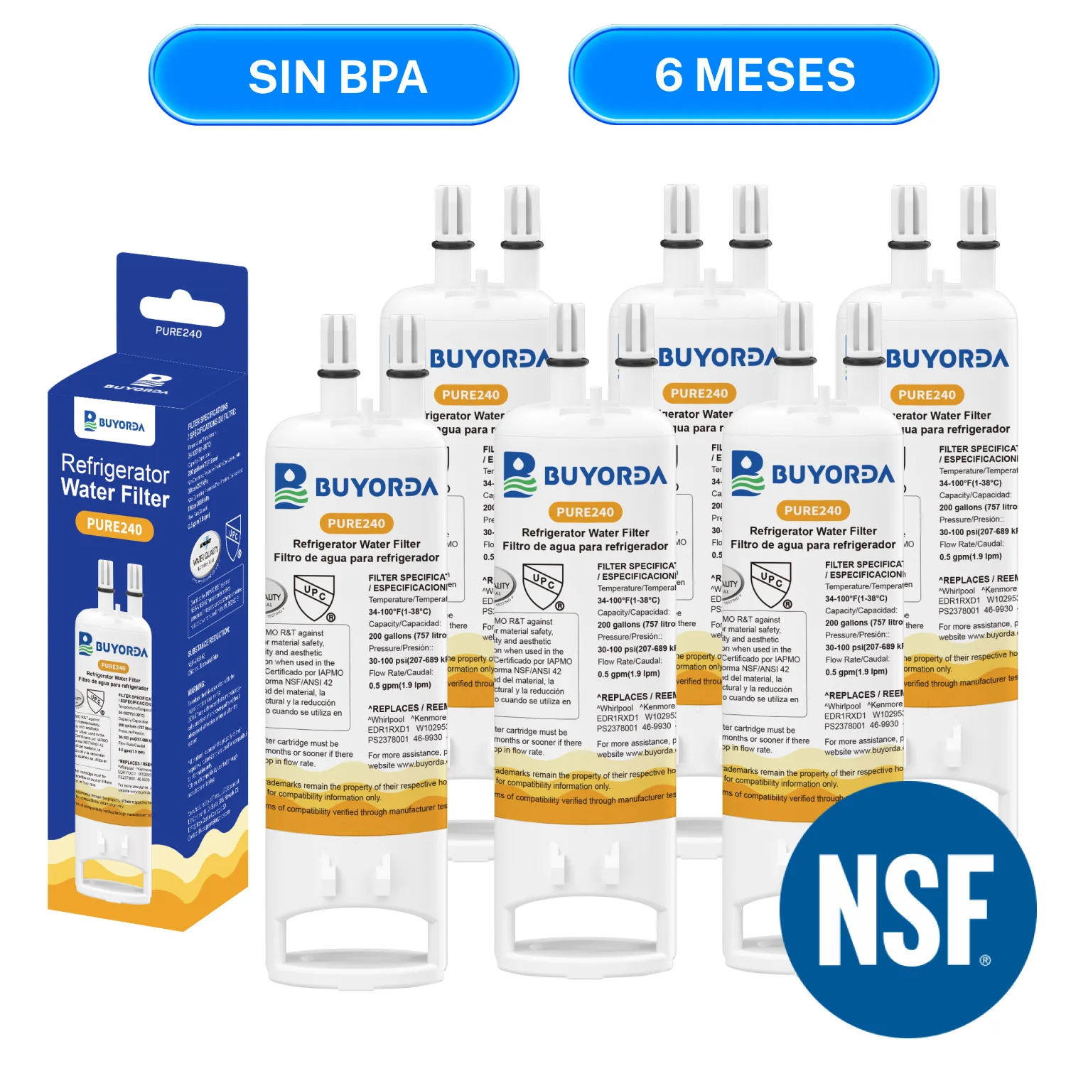 Filtro De Agua Para Refrigerador EDR1RXD1 6 Pack Compatible Replacement for Filter 1 W10295370 EDR1RXD1B WHR1RXD1 KAD1RXD1 P4RFKB2 Cartucho Purificador