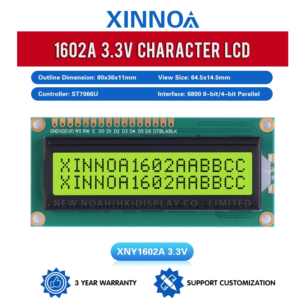 Gelbgrüner Film 1602a 3,3 v LCD-Bildschirm mit hoher Helligkeit 1,5 LCD Zoll 16-Pin-Controller st7066u Punkt matrix zeichen