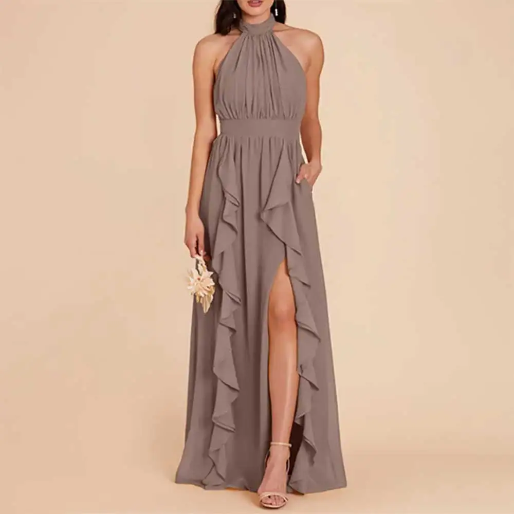 

Mother of the Bride Dress Halter Ruffled Belted Backless Side Slit Evening Gown Elegant Party Dress Wedding Guest Dresses