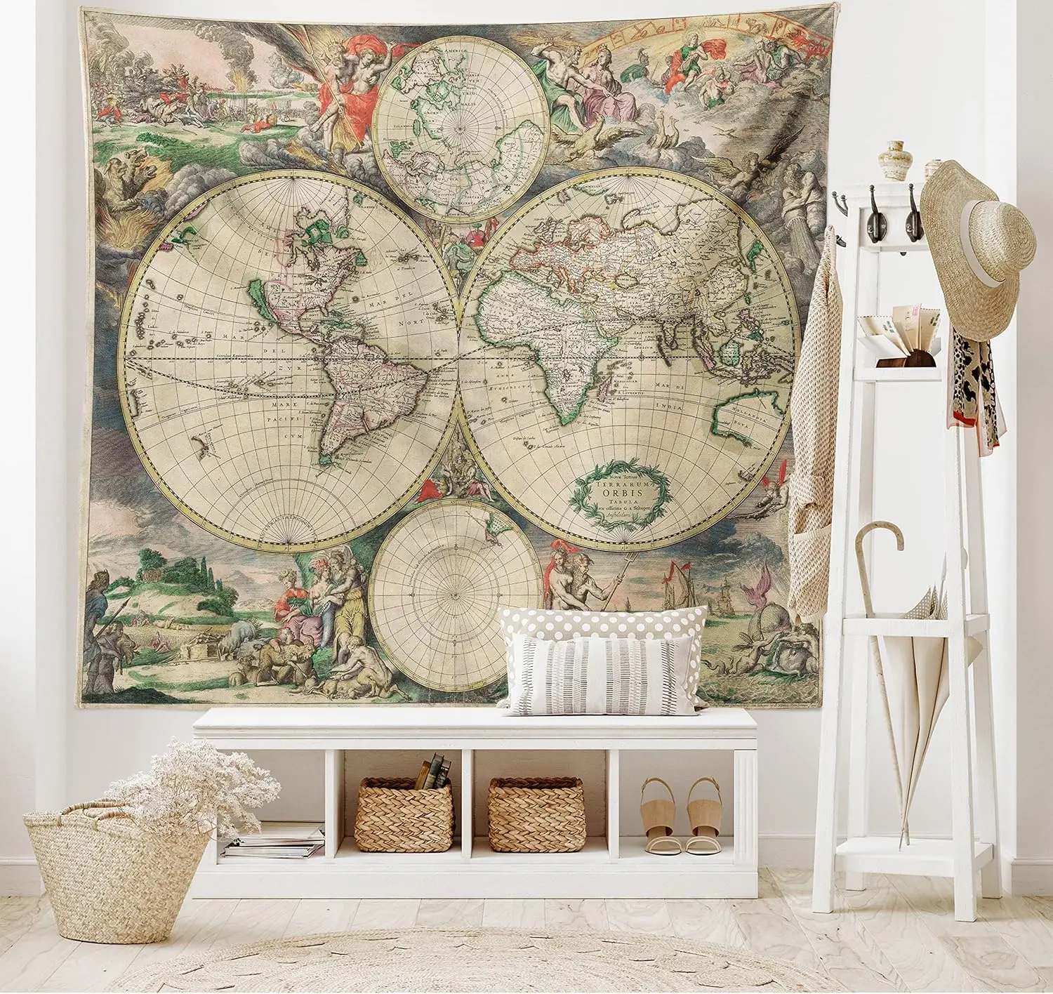 Tapisserie vintage, carte ancienne vieillie du monde, thème géographie historique, design rétro, large suspension murale pour chambre à coucher et salon