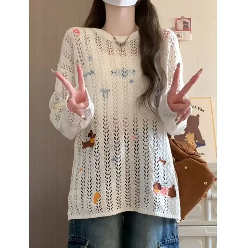 Fall Embroidery Women O Neck Long Sleeve T Shirts Hollow Out Knitted Sun Protection Tops Fashion All-match Loose Clothing Black