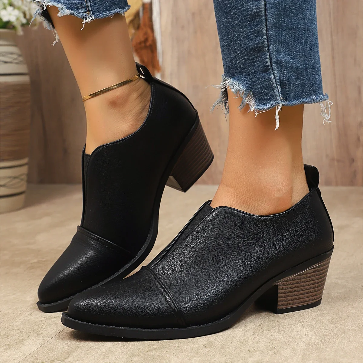 

Pointed Toe Chunky Heel Ankle Boots for Women 2025 New British Style Black Dress Shoes Woman Fashion PU Leather Chelsea Boots