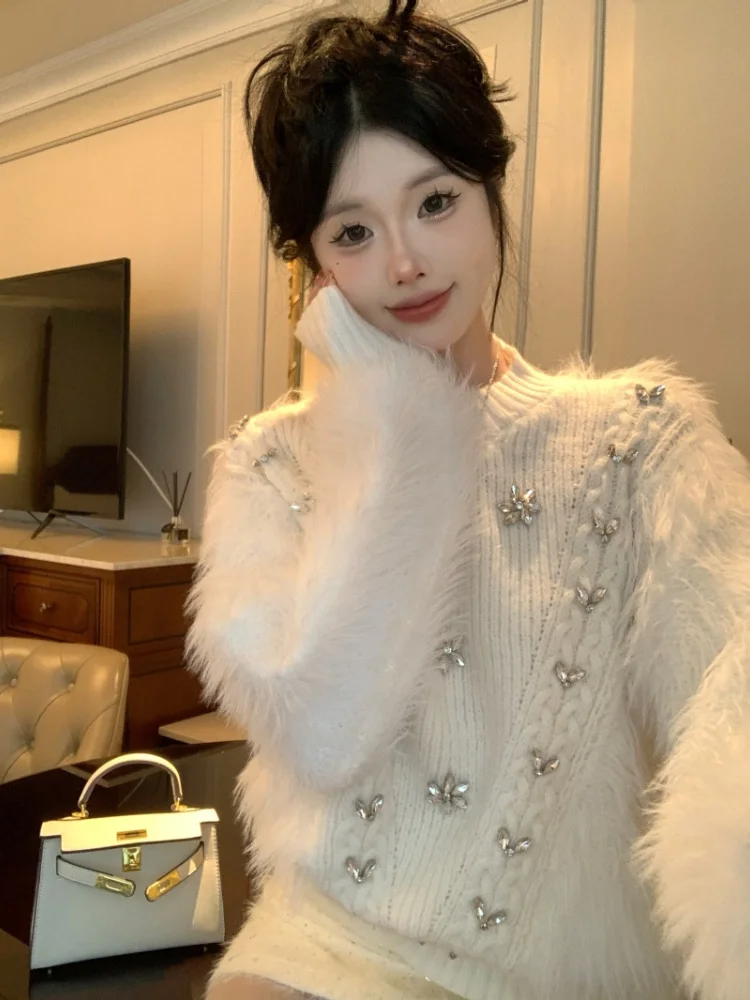 New Autumn Winter Imitation Mink Fur Lazy Style Beaded Soft  Sweater Women's Knitted Pullovers Loose Tops Mujer