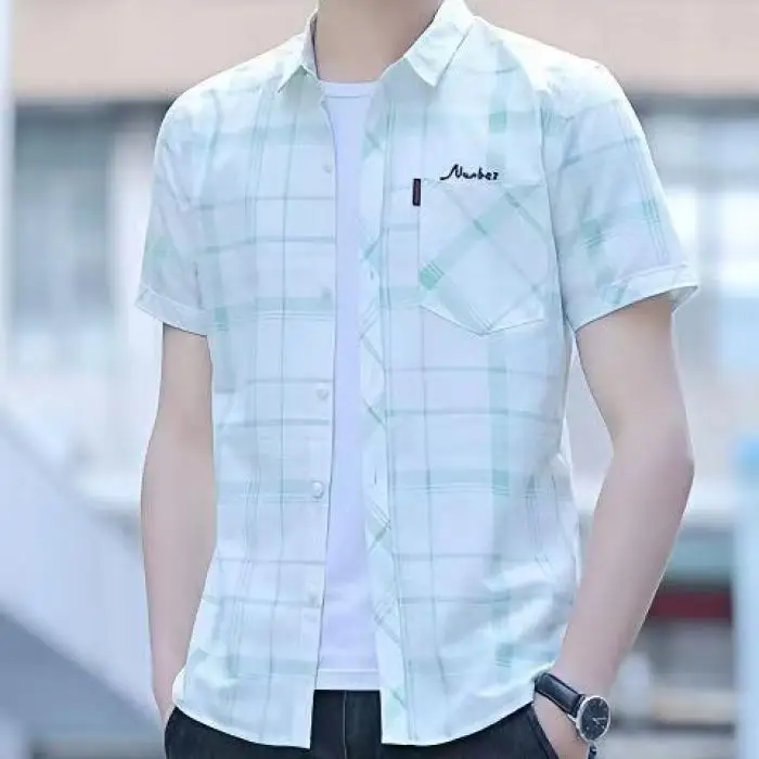 

ort Sve Ice Silk Slim Fit Men's irt Trendy Korean Sle ket Square Plaid Busin Casual Faionable Summer irt