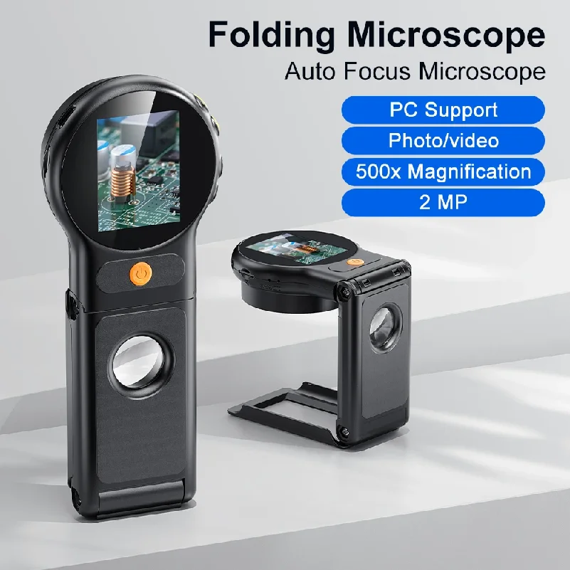 

Autofocus 500X Digital Microscope with 8leds 2MP Coin Video Microscopes Foldable Magnifying Glass 2Inch for Electronics Repair