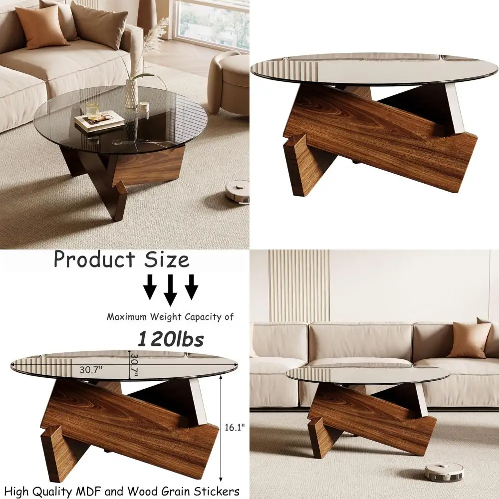 

Круглый журнальный столик, 30,7 x 30,7 x 16,1 дюймов, из закаленного стекла, отделка под орех, для гостиной