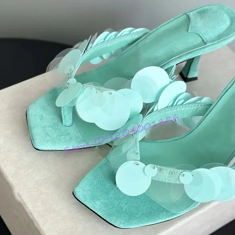 Summer New Suede Kitten Heel Women Slippers Brand Design Sequin Square Toe Flip Flops French Style Sexy Lady Party Runway Shoes