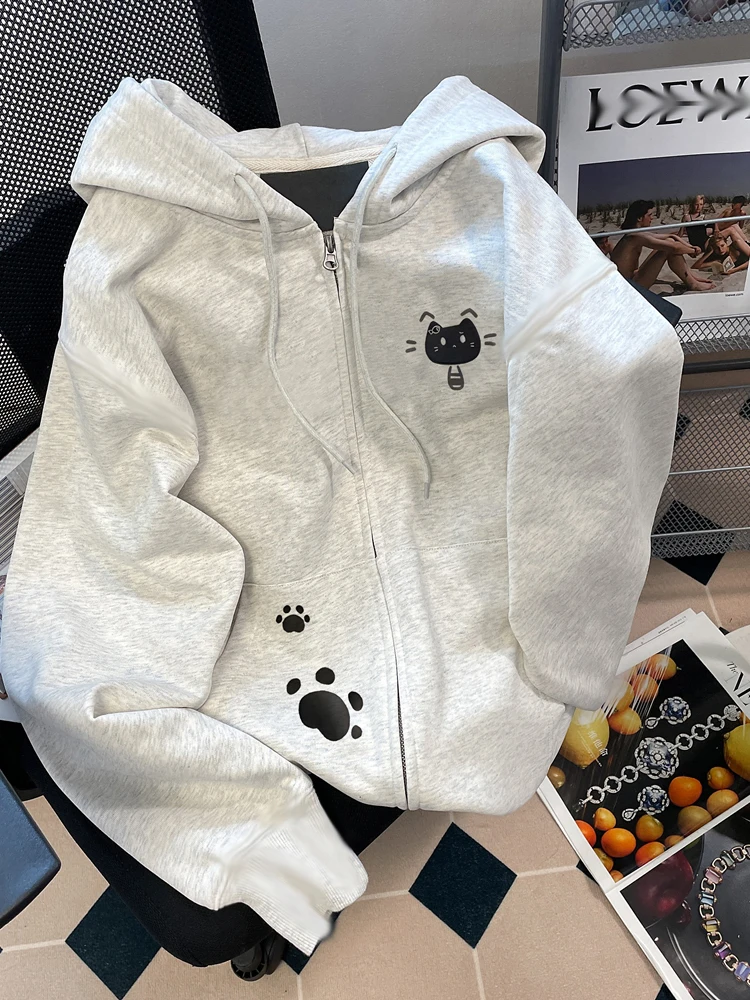 

Модный кардиган с капюшоном и принтом, женский осенне-зимний повседневный кардиган на подкладке Fce, модный костюм для колледжа, на молнии, длинный све