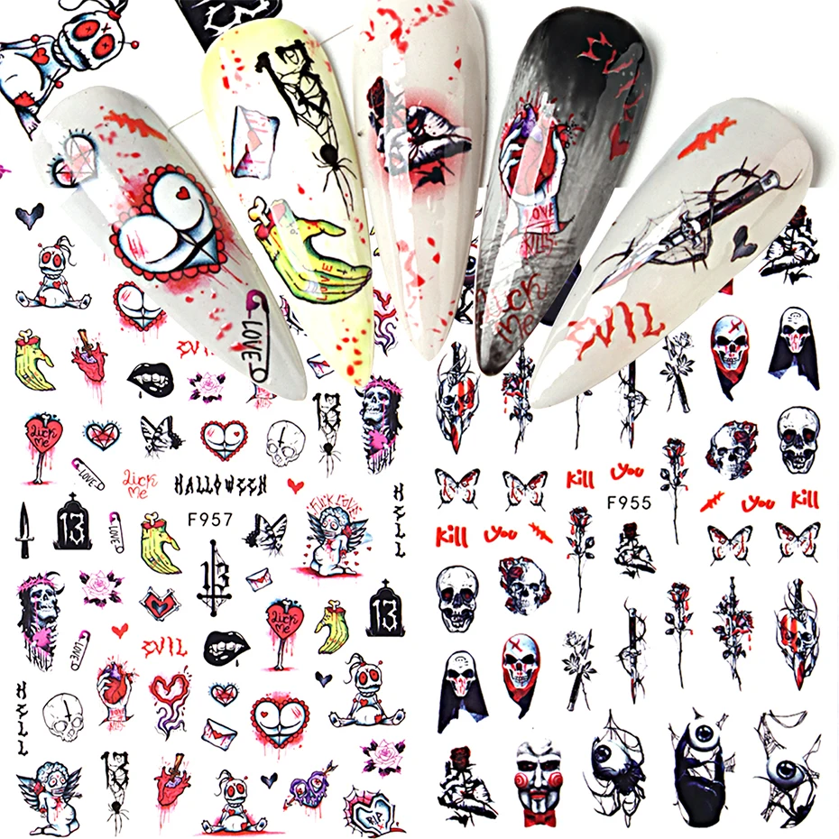 4pcs Halloween Nail Stickers Blood Hand Heart Scar Skull Self-adhesive Sliders Japanese Horror Anime Nail Decals Manicure Decor