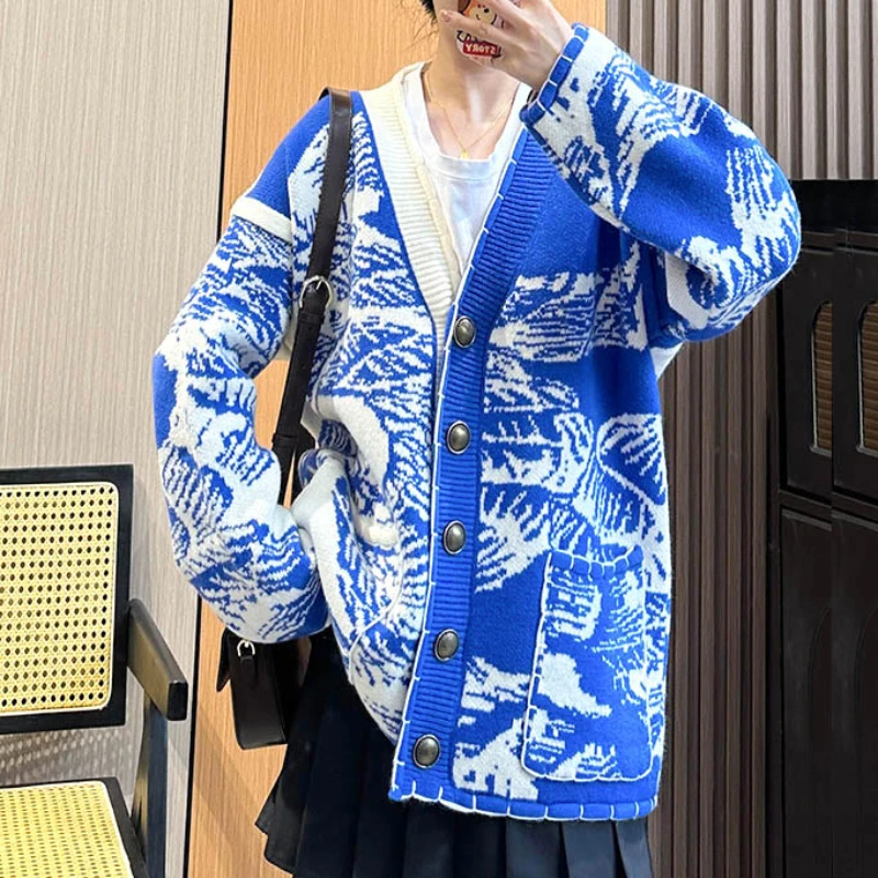 Women Art Print V-neck Loose Cardigan 2023 Autumn Winter New In