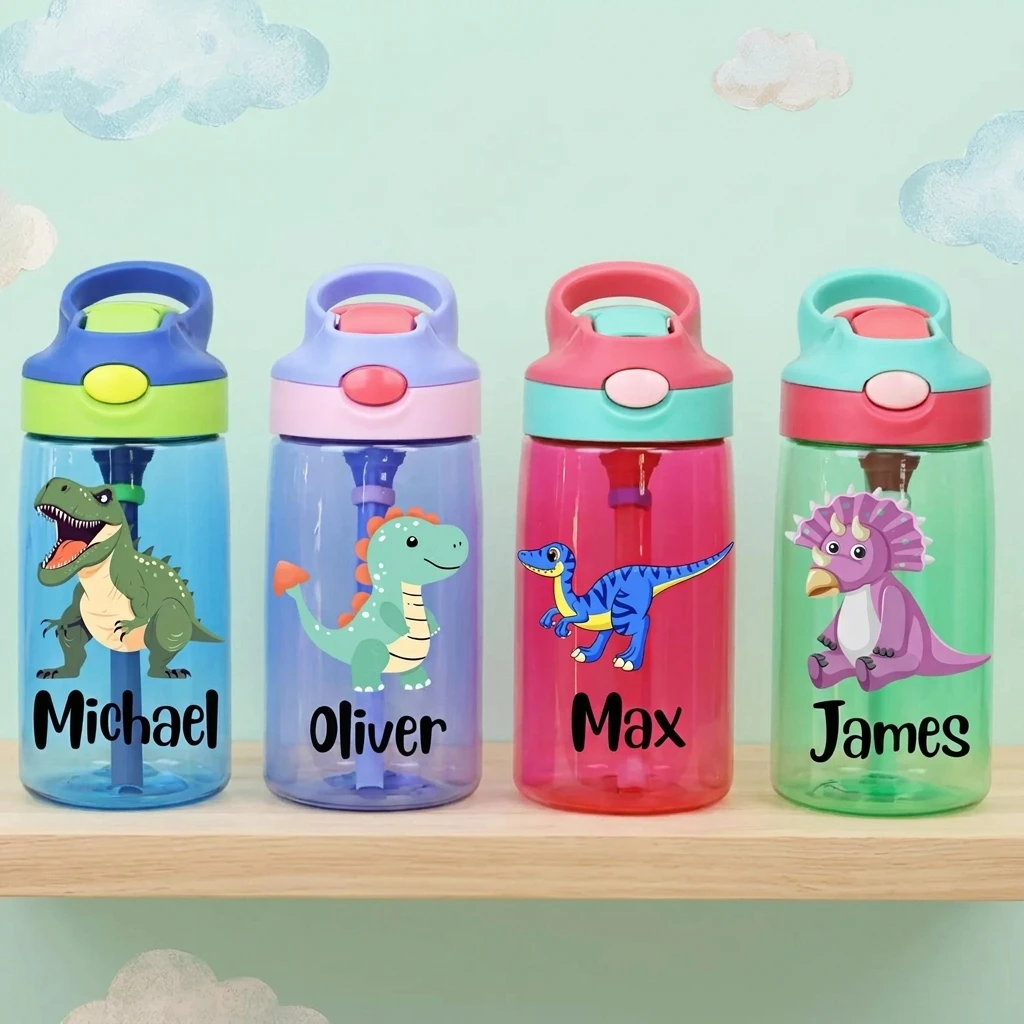 1. Custom Name Kids School Water Bottle, Leakproof Pop Up Straw Plastic Tumbler, Dinosaur Print Design for Outdoor Sports.