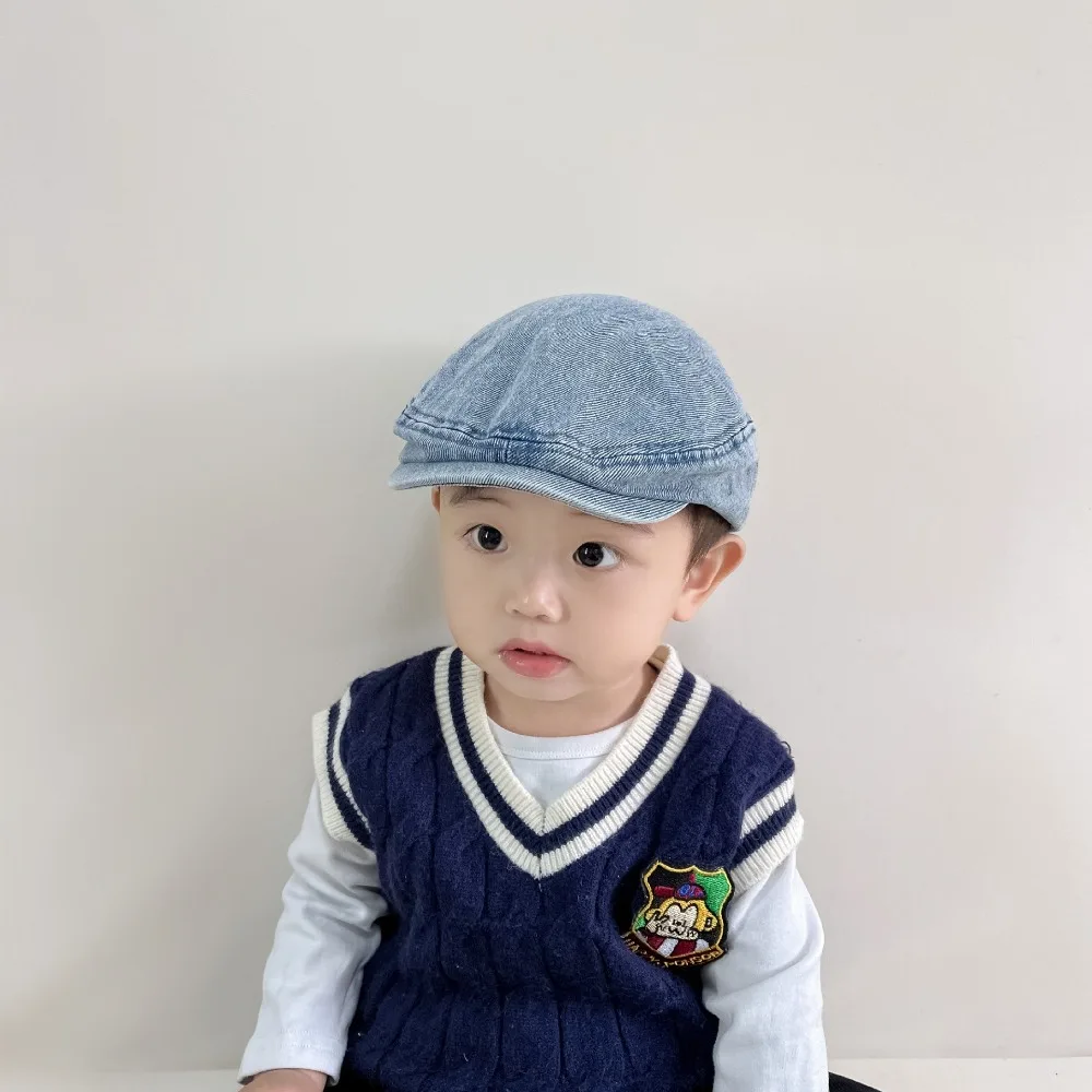 

Однотонный джинсовый берет в стиле ретро с вышитыми буквами и завязками, фуражка, универсальная кепка Харадзюку для газетчика для мальчика