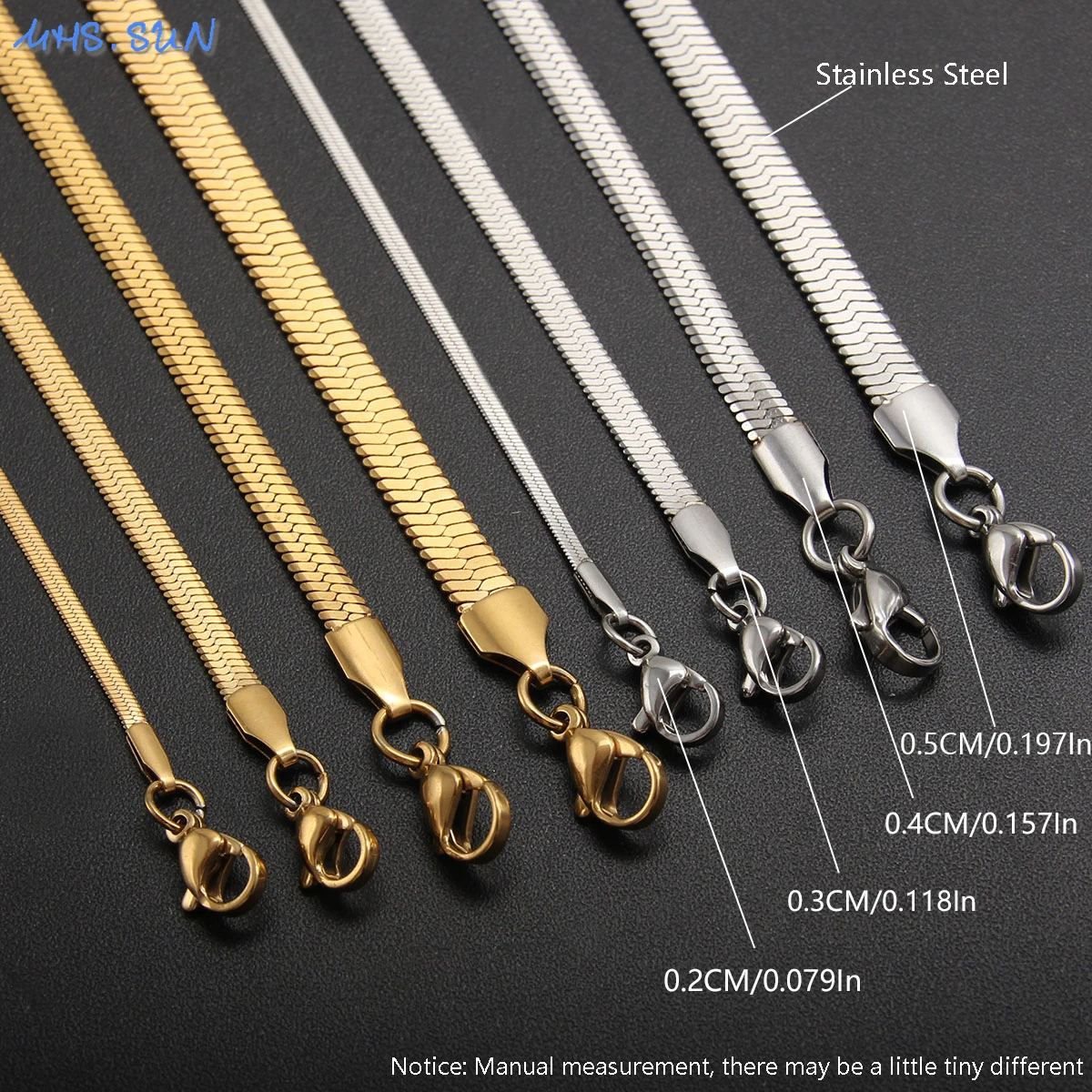 MHS.SUN Fashion Flat Snake Bone Chain Stainless Steel Necklace Gold Silver Color 2/3/4MM Various Length For Women Men Jewelry