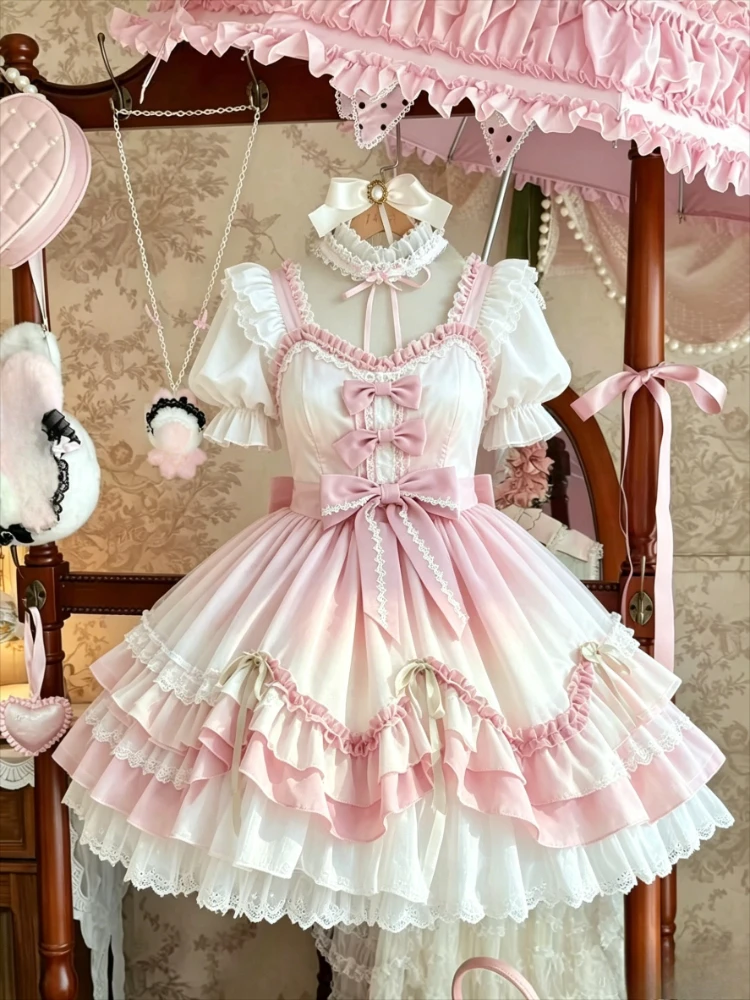 Süßes Rosa Farbverlauf Lolita-Kleid Damen Puffärmel Kurzarm Spitze Rüschen Schleife Minikleid Japanisches Niedliches Prinzessinnen-Partykleid Y2k Outfits