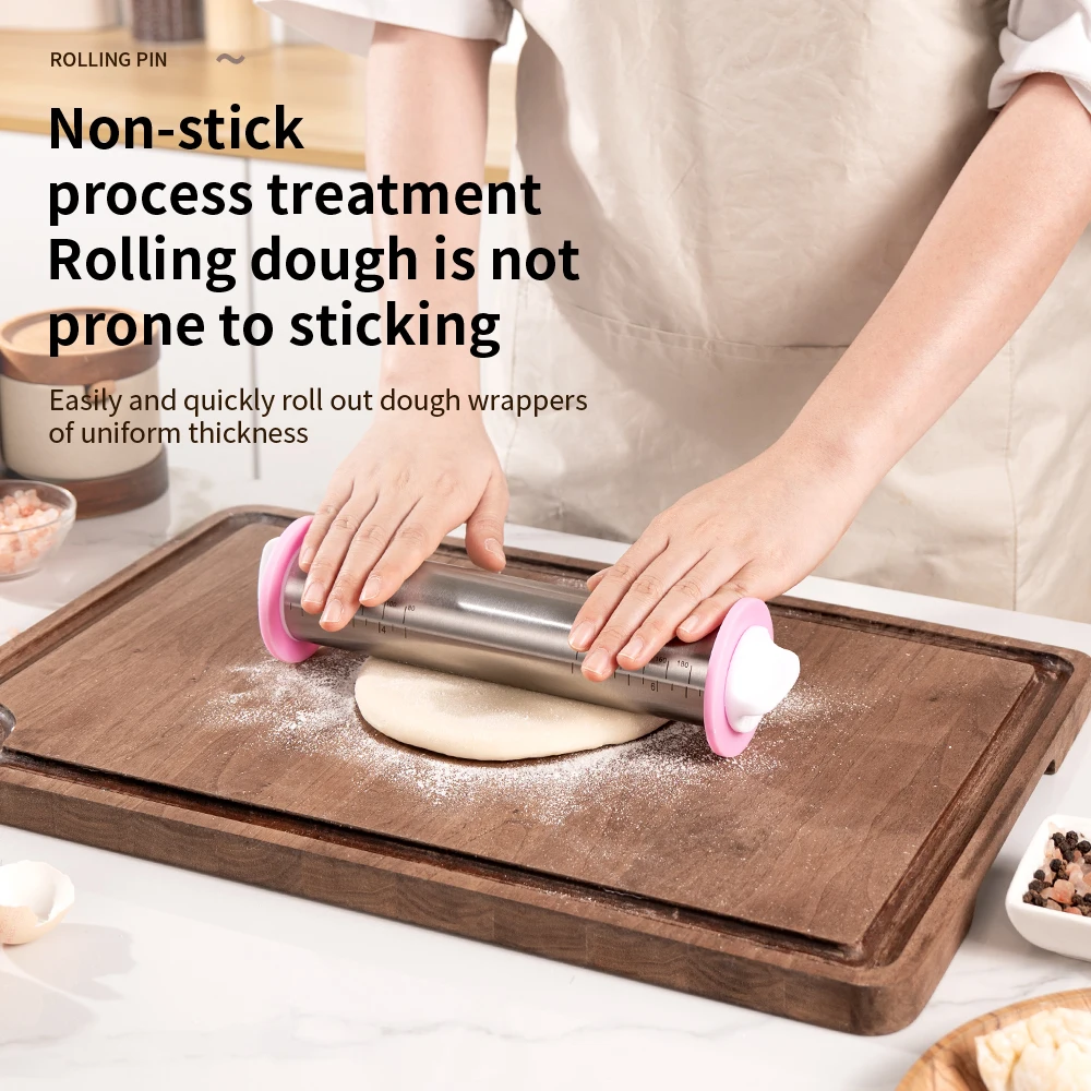 11 Inch Stainless Steel Rolling Pin Adjustable Dough Roller with 4 Thickness Removable Rings for Baking Pizza Cake Bakeware Tool