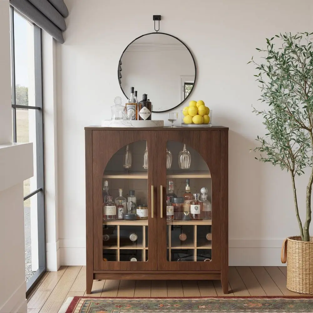 Tall Storage Cabinet Fluted Pantry Cabinets with Glass Doors, Wooden Kitchen Food Cupboard, Adjustable Shelves, Modern Display view 6