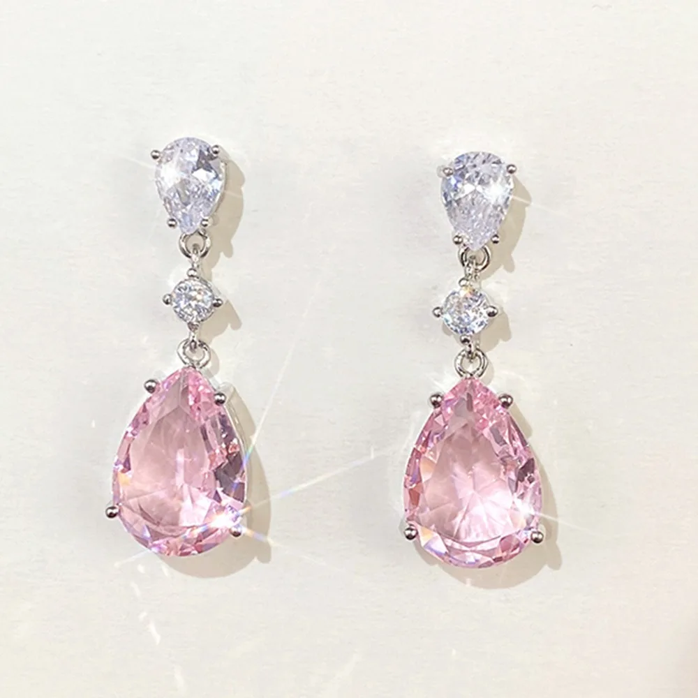 New Luxury Sweet Pink Teardrop-shaped High Quality 5A Zircon Crystal Dangle Earrings for Women Temperament Bride Wedding Jewelry
