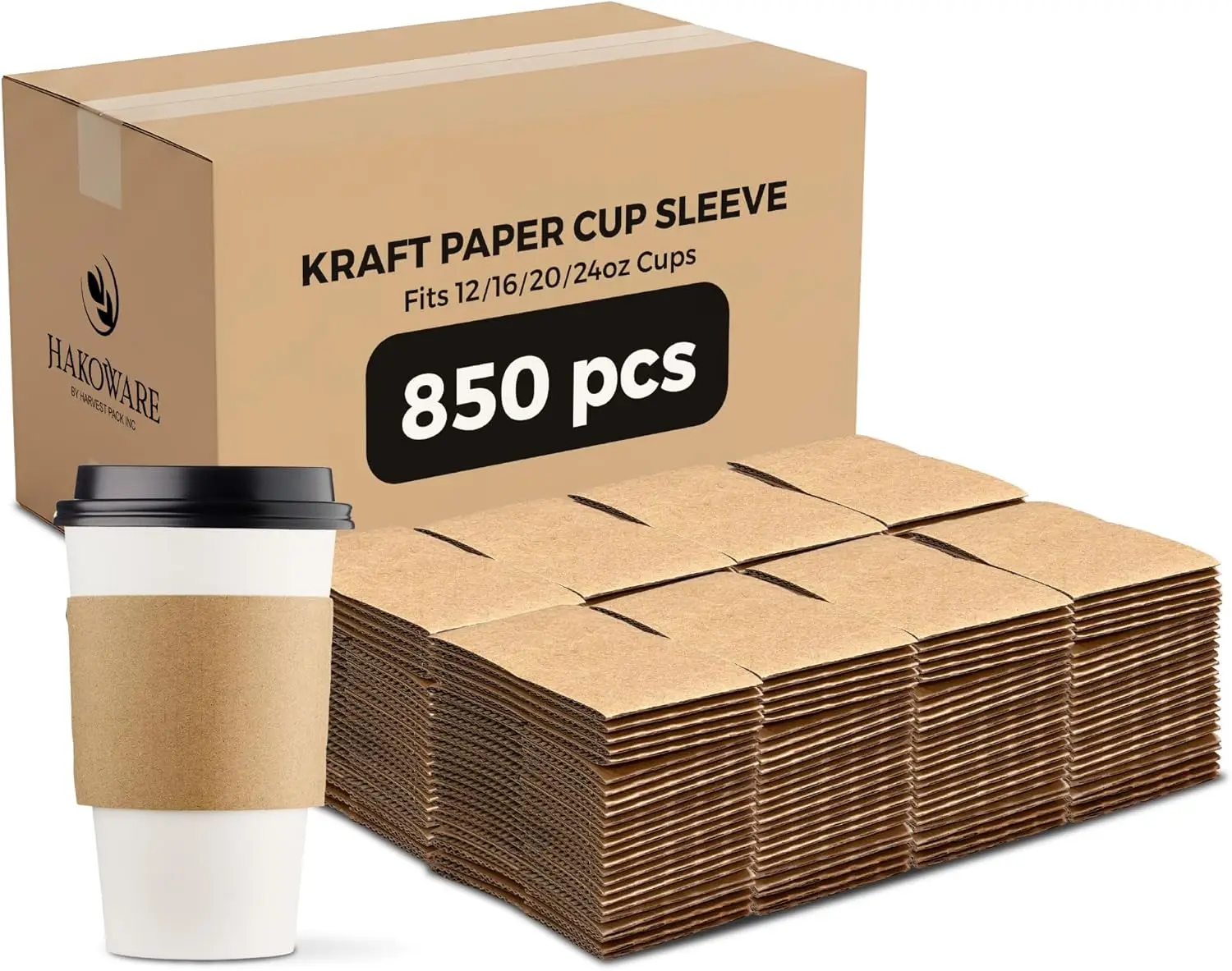 

[850 COUNT]Harvest Pack Coffee Sleeves, Disposable Corrugated Brown Kraft Durable Coffee Cup Sleeves, Fits 12-24 oz Cups