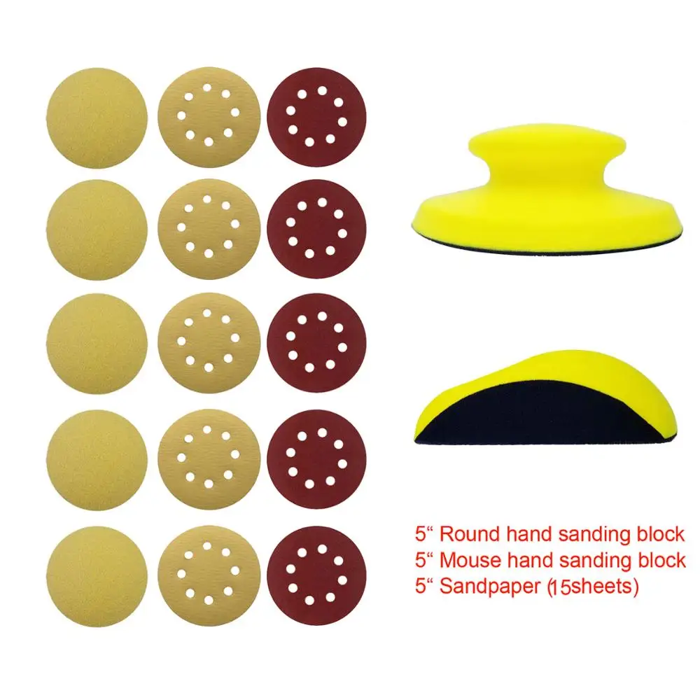 5 inch Sanding Disc with 2pcs Holder Hand Grinding Block Backing Polishing Pad PU Foam 15pcs Round Sandpaper for Polishing Wood