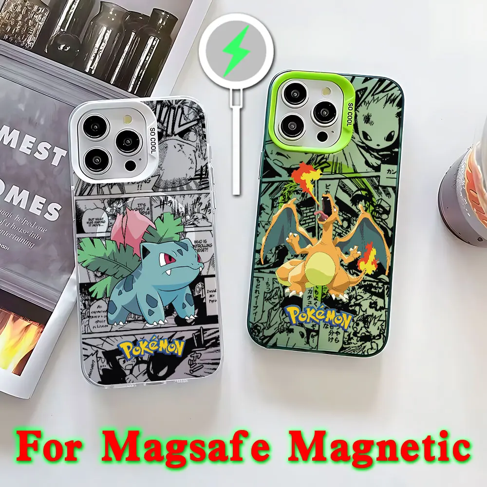 Anime Charizard Bulbasaur Pokemens Magsafe Magnetic Phone Case for IPhone 11 12 13 14 15 16 Pro Max Plus Silver Plated Cover