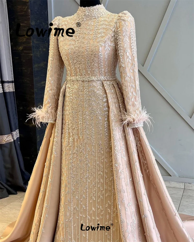 Floral Beaded Arabic Evening Dresses Formal Muslim Dubai Feathers Prom Dress With Detachable Train Wedding Party Dress Customize