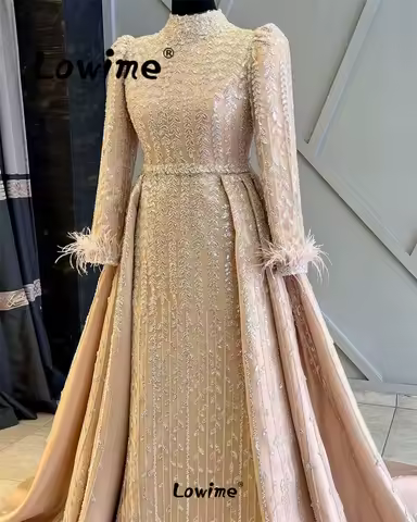 Floral Beaded Arabic Evening Dresses Formal Muslim Dubai Feathers Prom Dress With Detachable Train Wedding Party Dress Customize