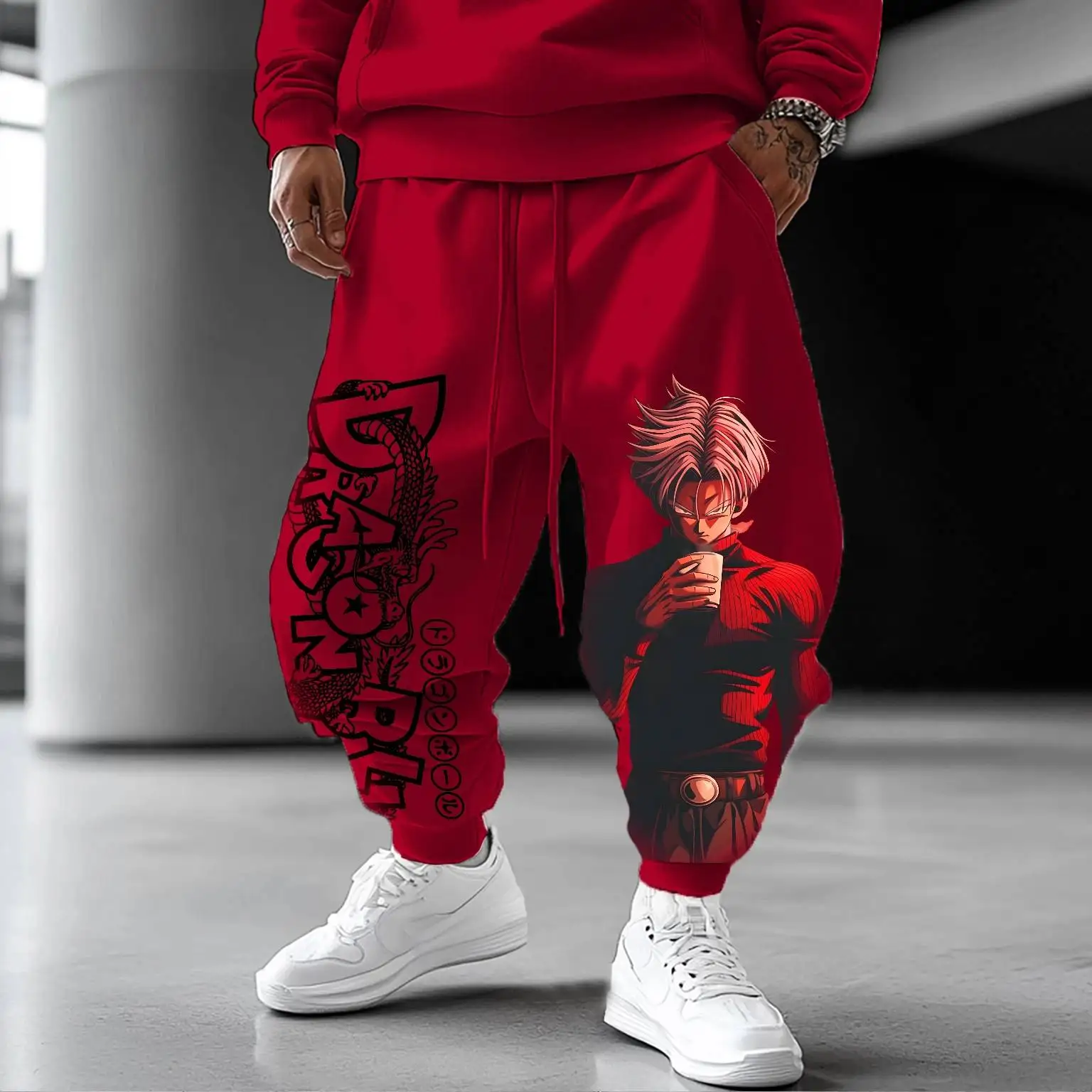 Dragon Ball Z Trunks Felpa con cappuccio e pantaloni rossi Set Uomo Donna Personaggio anime Stampa Completo in due pezzi con logo nero e design Dragon
