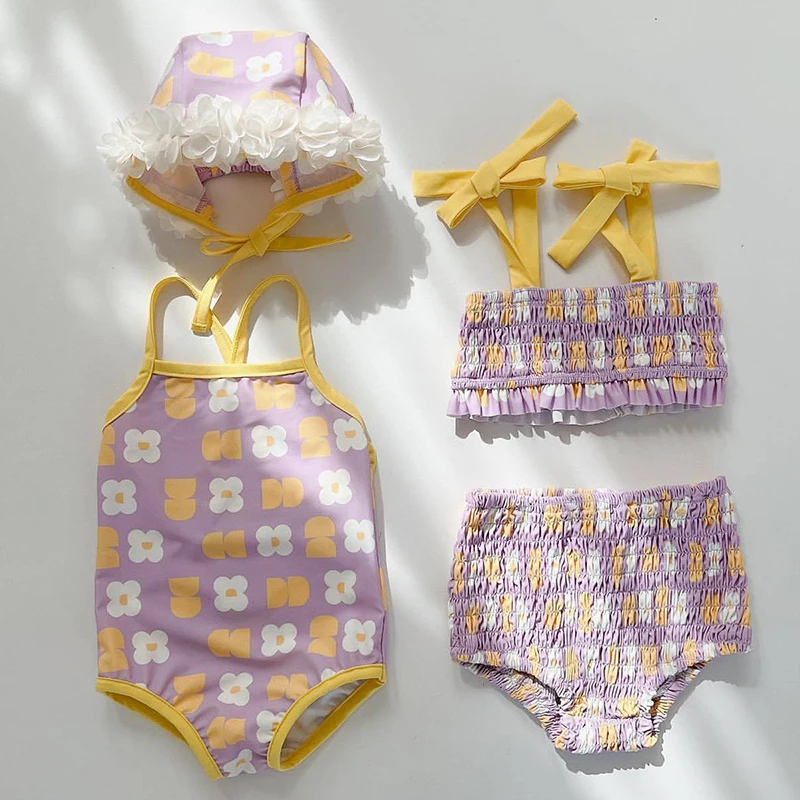 

Baby Swimwear Bikini Sets Summer Newborn Baby Girls Split Swimsuits Floral Beach Vacation Infants Pleated Swimwear Kids Clothes